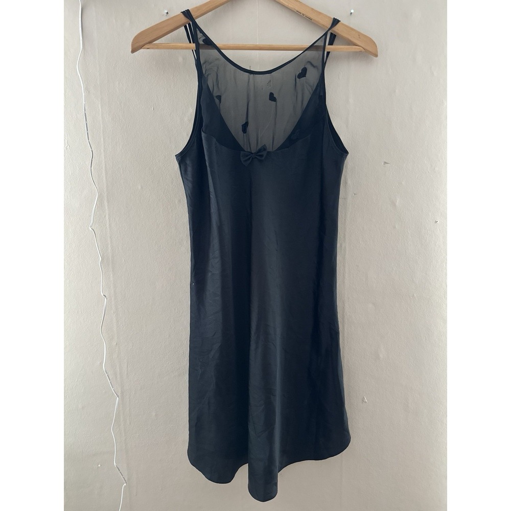 VTG Babydoll Mesh Slip Dress‎ Size S Black Lingerie Bow Hearts Feminine Y2K Goth